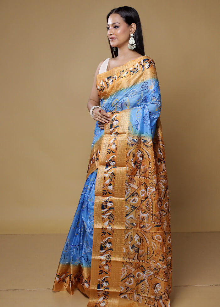 Blue Printed Pure Silk Saree Without Blouse Piece