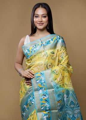 Yellow Printed Pure Silk Saree Without Blouse Piece