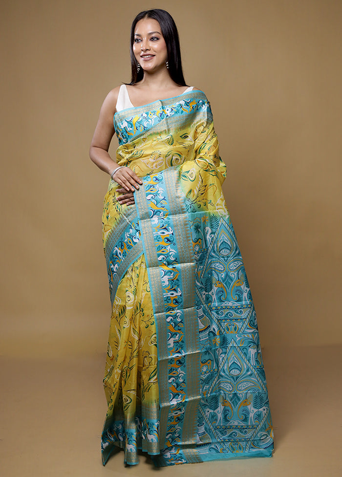 Yellow Printed Pure Silk Saree Without Blouse Piece