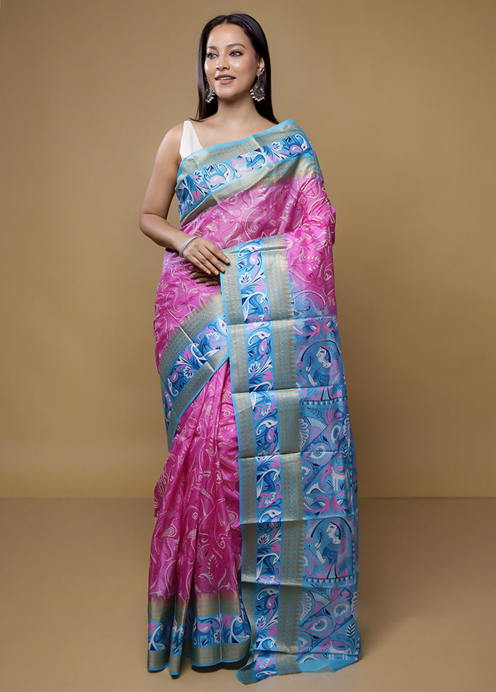 Pink Printed Pure Silk Saree Without Blouse Piece