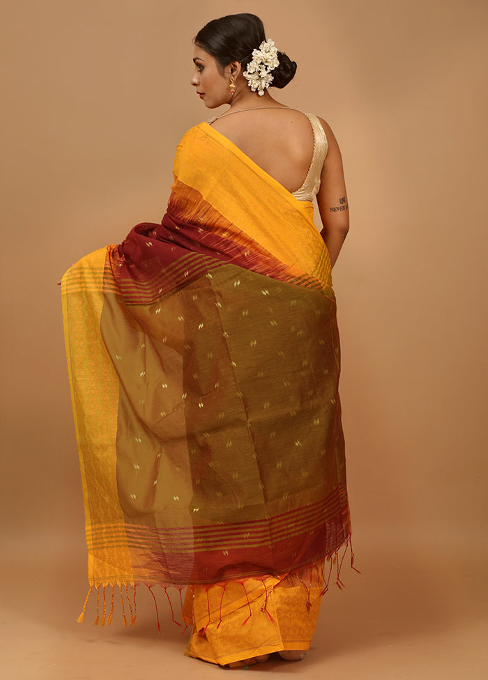 Maroon Khadi Cotton Saree With Blouse Piece