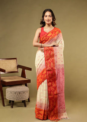 White Khadi Cotton Saree With Blouse Piece