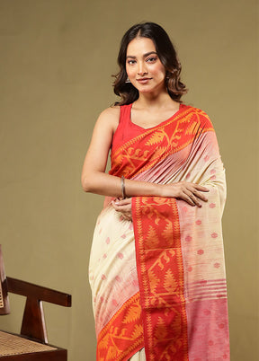 White Khadi Cotton Saree With Blouse Piece