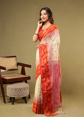 White Khadi Cotton Saree With Blouse Piece
