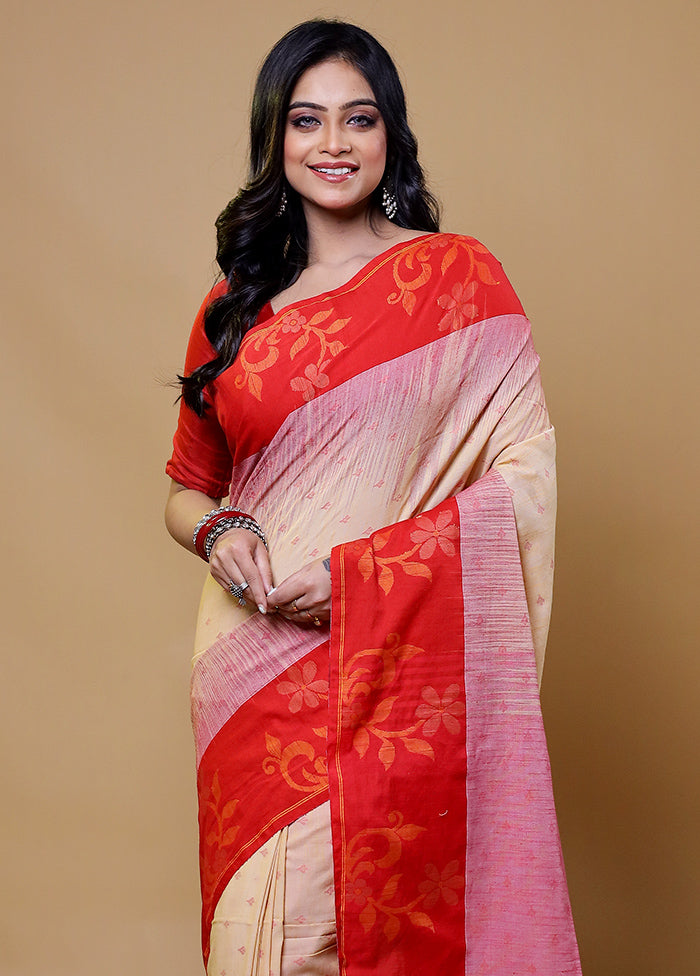 Cream Khadi Cotton Saree With Blouse Piece