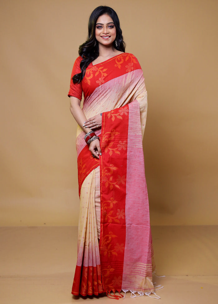 Cream Khadi Cotton Saree With Blouse Piece