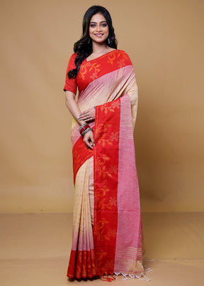 Cream Khadi Cotton Saree With Blouse Piece