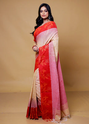 Cream Khadi Cotton Saree With Blouse Piece