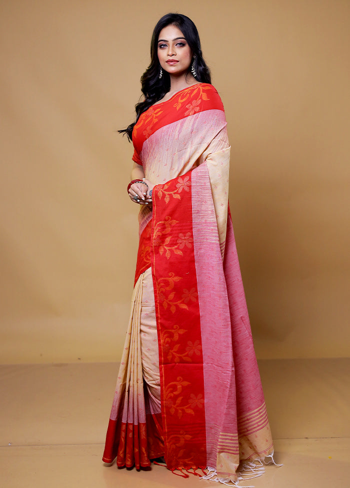 Cream Cotton Saree With Blouse Piece