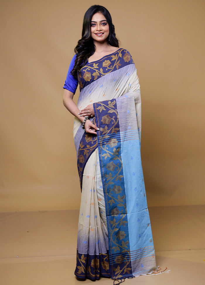 Cream Khadi Cotton Saree With Blouse Piece