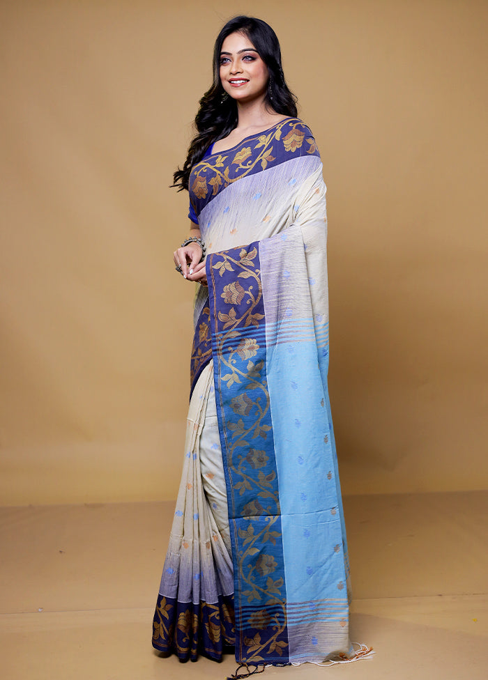 Cream Khadi Cotton Saree With Blouse Piece