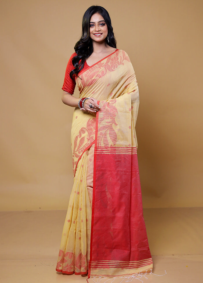 Yellow Khadi Cotton Saree With Blouse Piece