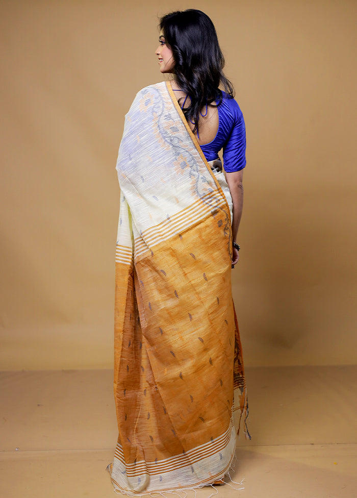 White Khadi Cotton Saree With Blouse Piece