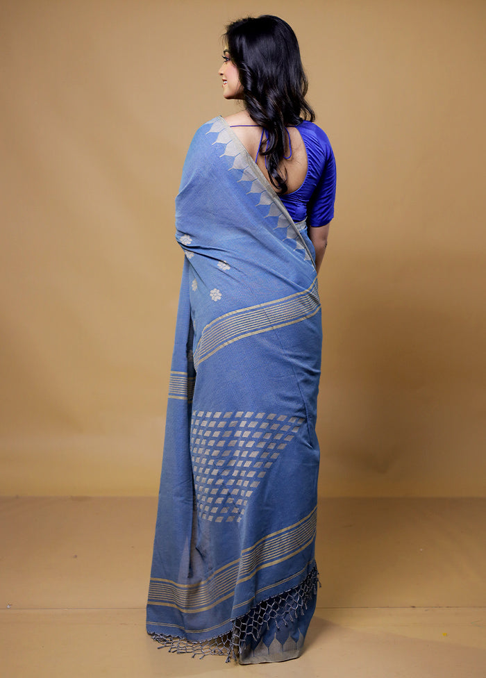 Blue Khadi Cotton Saree With Blouse Piece