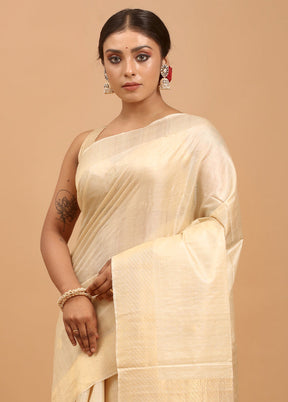 Cream Handloom Tussar Pure Silk Saree With Blouse Piece