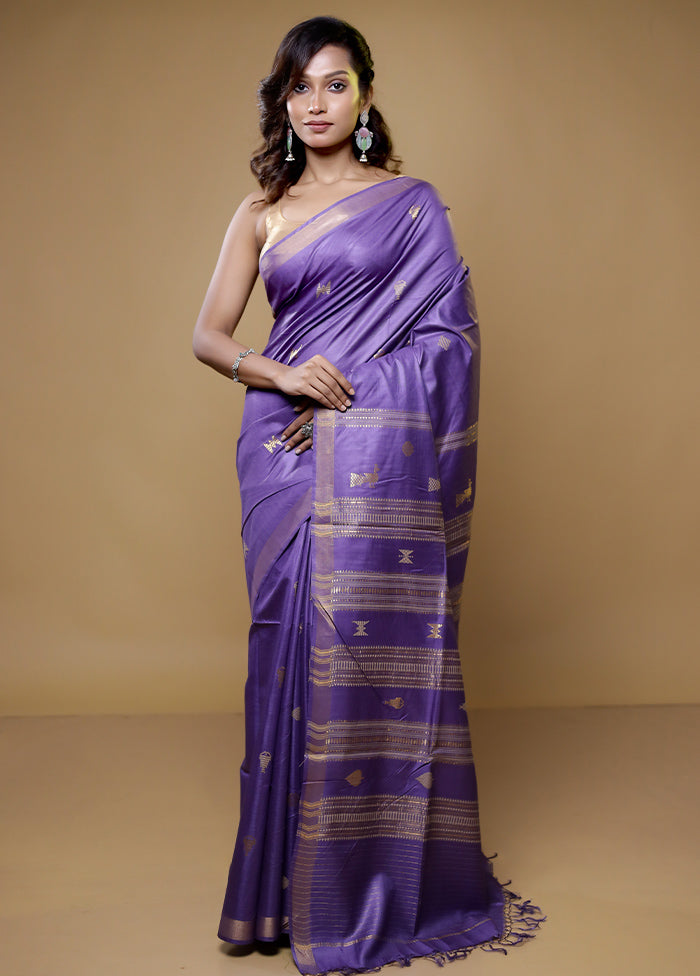 Blue Handloom Tussar Pure Silk Saree With Blouse Piece