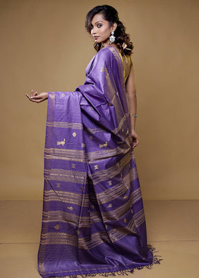 Blue Handloom Tussar Pure Silk Saree With Blouse Piece