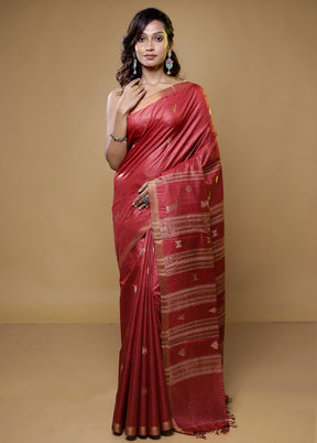 Red Handloom Tussar Pure Silk Saree With Blouse Piece