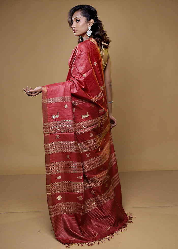 Red Handloom Tussar Pure Silk Saree With Blouse Piece