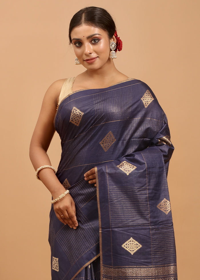 Blue Handloom Tussar Pure Silk Saree With Blouse Piece