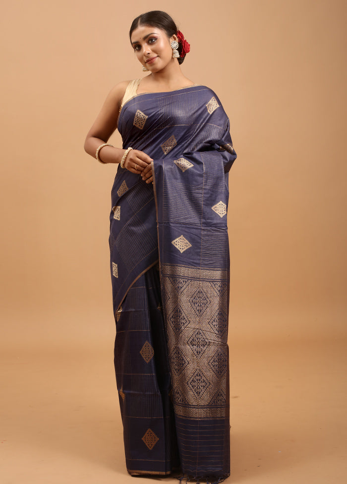 Blue Handloom Tussar Pure Silk Saree With Blouse Piece