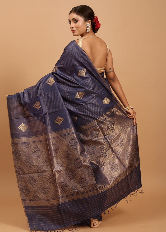 Blue Handloom Tussar Pure Silk Saree With Blouse Piece