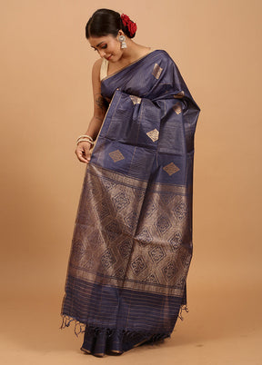 Blue Handloom Tussar Pure Silk Saree With Blouse Piece