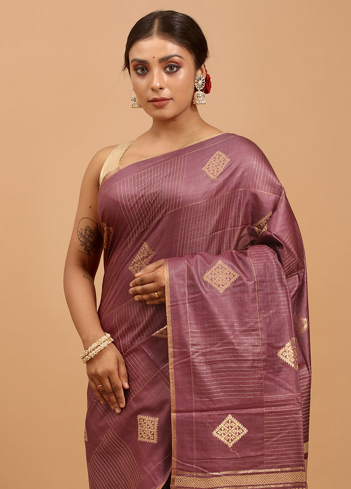 Purple Handloom Tussar Pure Silk Saree With Blouse Piece