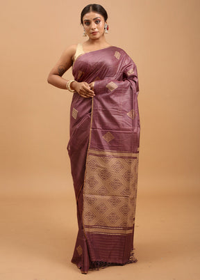 Purple Handloom Tussar Pure Silk Saree With Blouse Piece