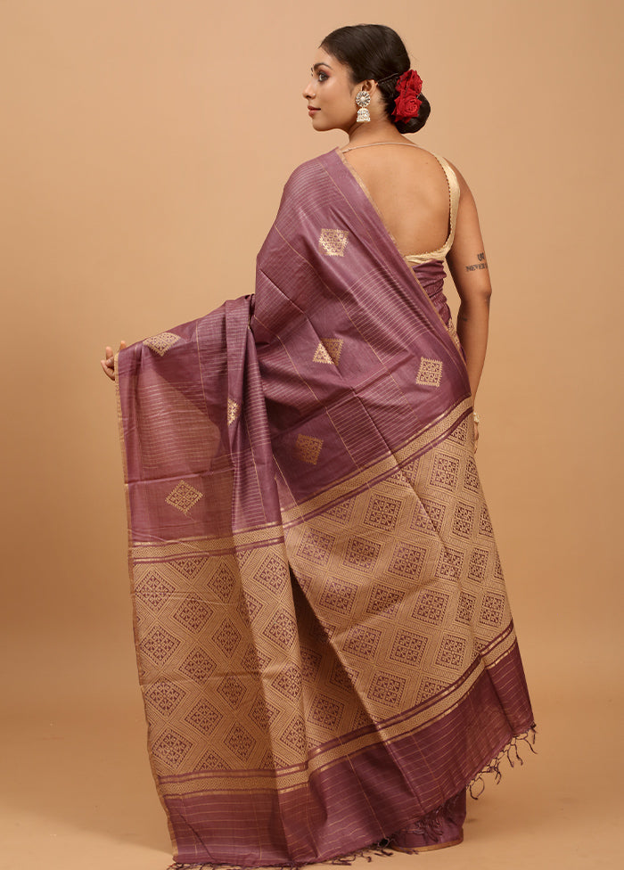 Purple Handloom Tussar Pure Silk Saree With Blouse Piece