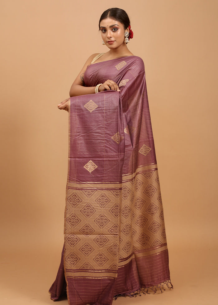 Purple Handloom Tussar Pure Silk Saree With Blouse Piece