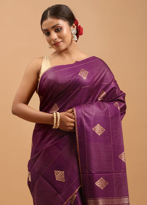 Purple Handloom Tussar Pure Silk Saree With Blouse Piece