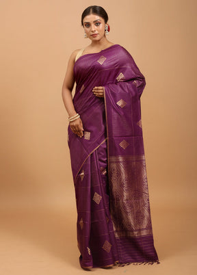 Purple Handloom Tussar Pure Silk Saree With Blouse Piece