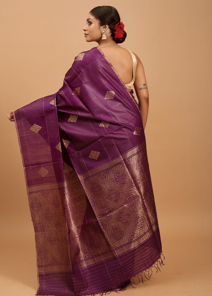 Purple Handloom Tussar Pure Silk Saree With Blouse Piece