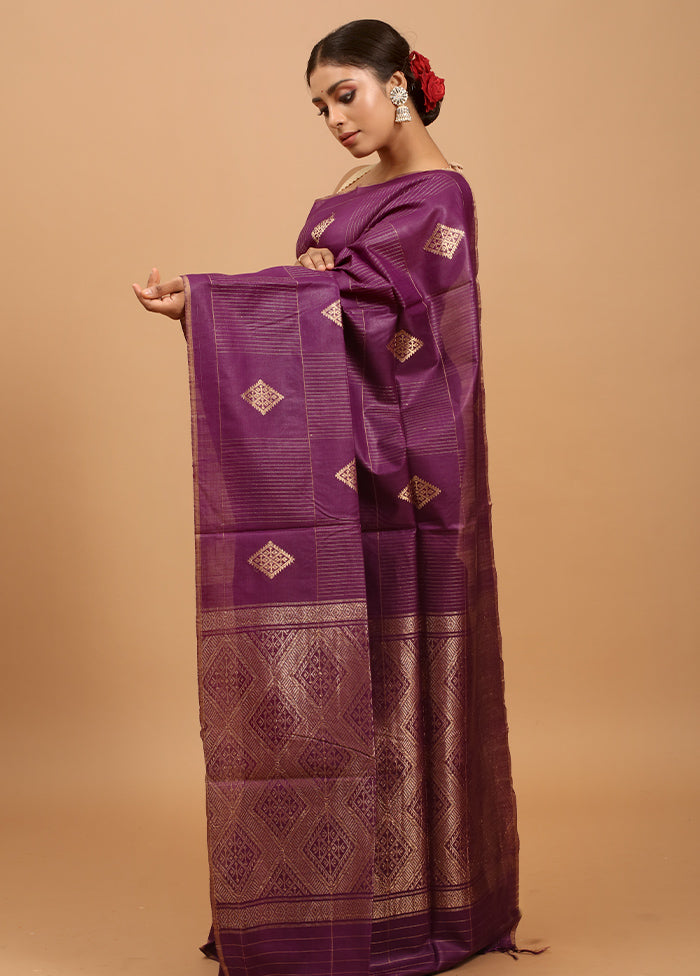 Purple Handloom Tussar Pure Silk Saree With Blouse Piece