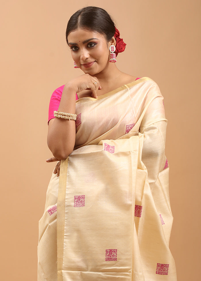 Cream Handloom Tussar Pure Silk Saree With Blouse Piece