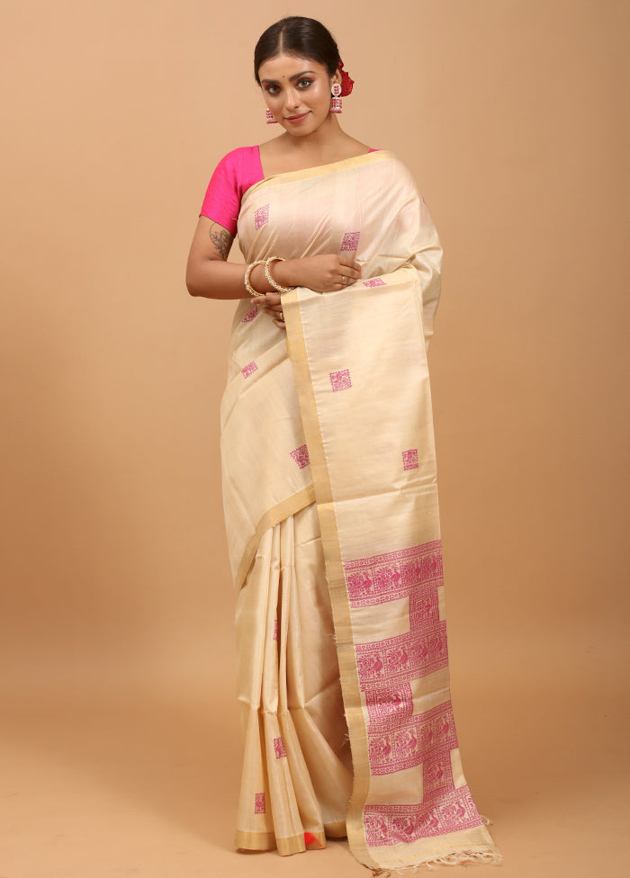 Cream Handloom Tussar Pure Silk Saree With Blouse Piece