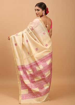 Cream Handloom Tussar Pure Silk Saree With Blouse Piece