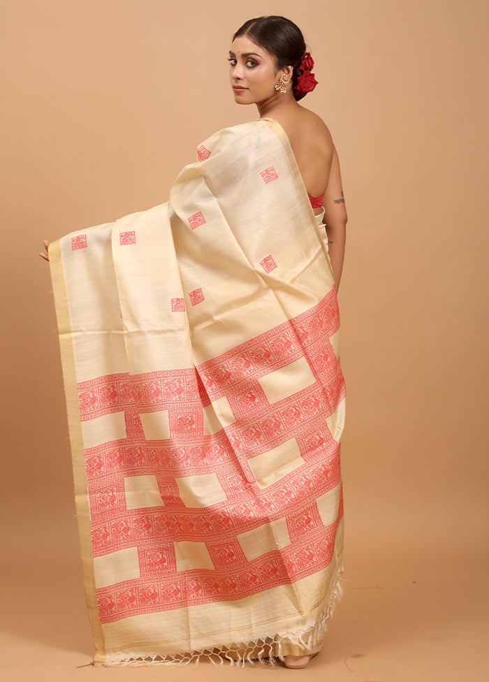 Cream Handloom Tussar Pure Silk Saree With Blouse Piece