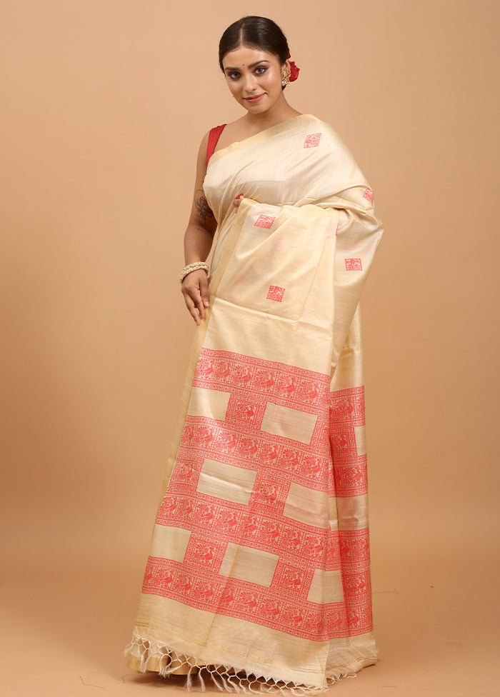 Cream Handloom Tussar Pure Silk Saree With Blouse Piece