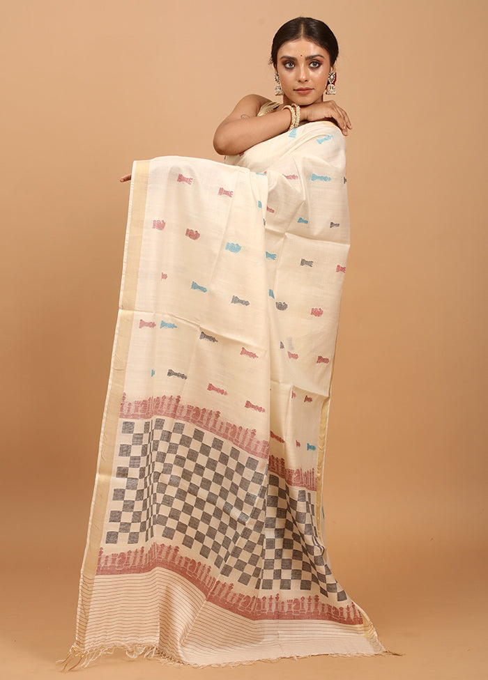 Cream Handloom Tussar Pure Silk Saree With Blouse Piece