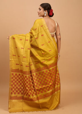 Yellow Handloom Tussar Pure Silk Saree With Blouse Piece