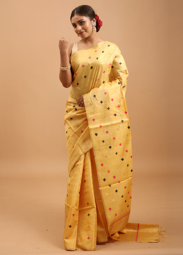 Yellow Handloom Tussar Pure Silk Saree With Blouse Piece