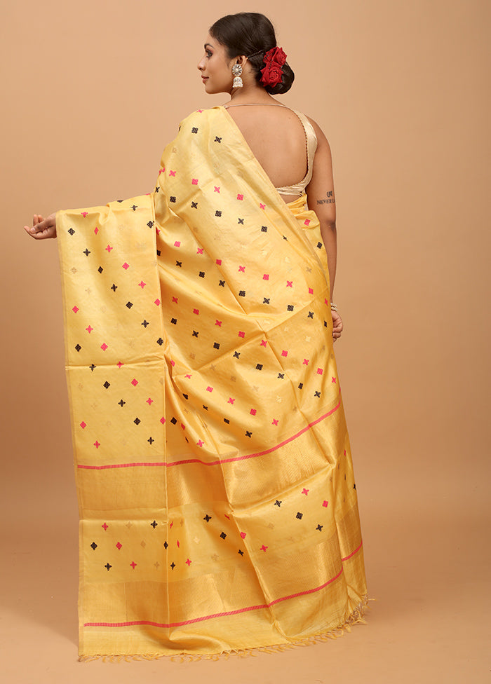 Yellow Handloom Tussar Pure Silk Saree With Blouse Piece