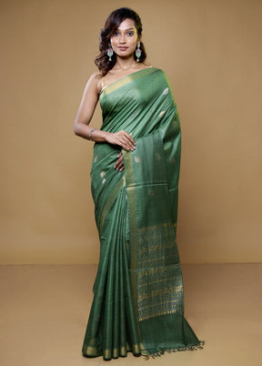 Green Handloom Tussar Pure Silk Saree With Blouse Piece