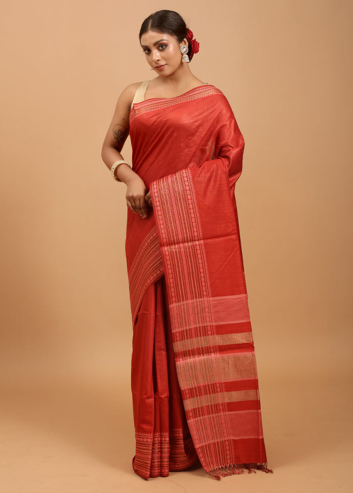 Red Tussar Silk Saree With Blouse Piece