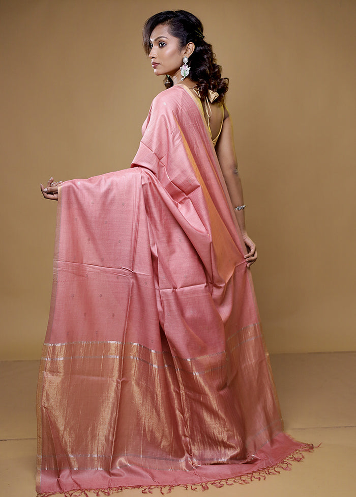 Peach Tussar Silk Saree With Blouse Piece