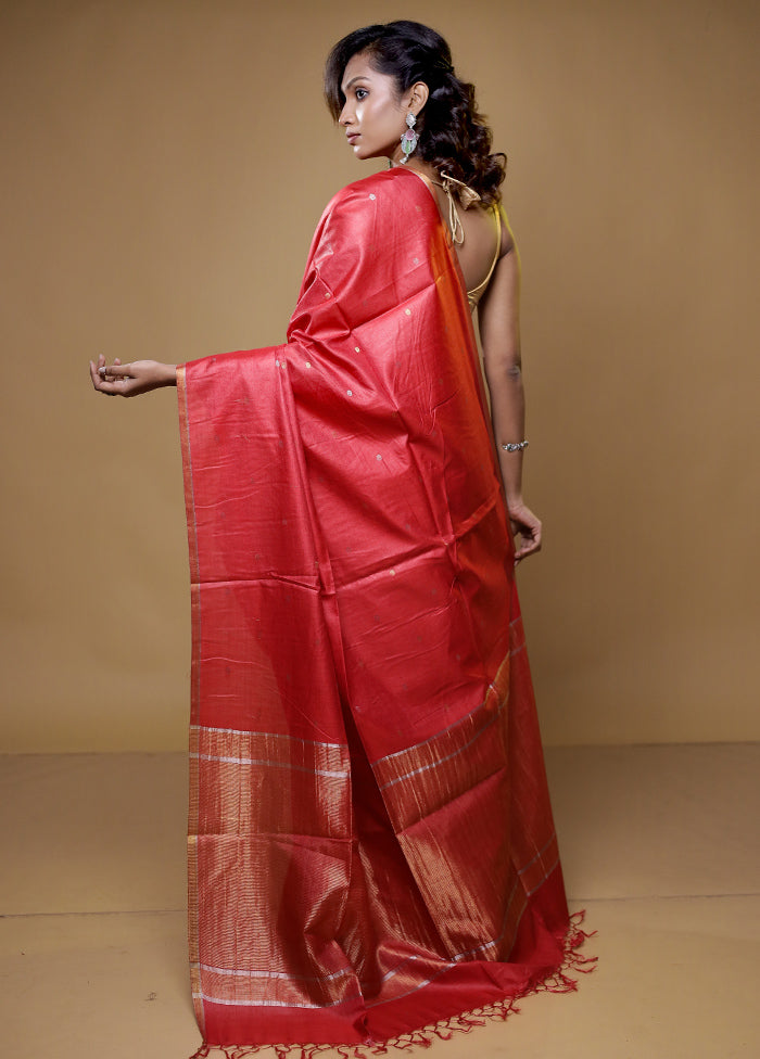 Red Tussar Silk Saree With Blouse Piece