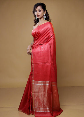 Red Tussar Silk Saree With Blouse Piece