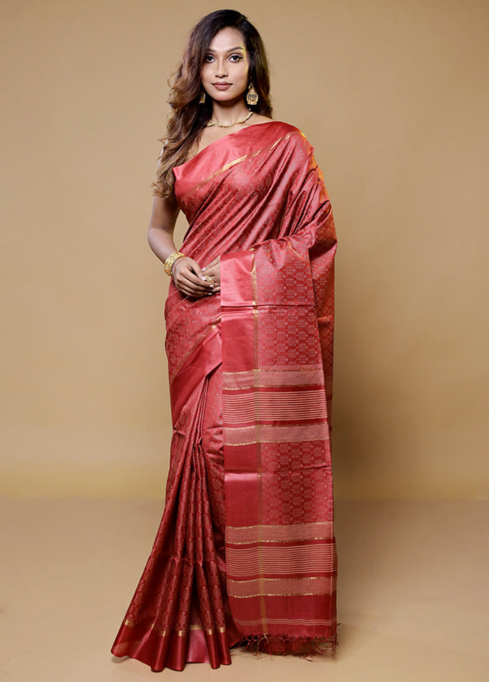 Red Tussar Silk Saree With Blouse Piece